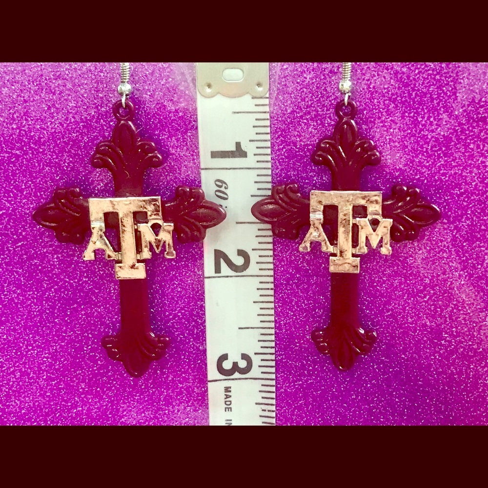 Texas A&M Silver Aggie Maroon Spoon Cross Earrings